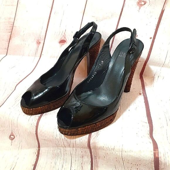 Stuart Weitzman Black Patent Leather Peeptoe Slingback Pumps sz.7.5M MSRP $395 - Picture 2 of 7